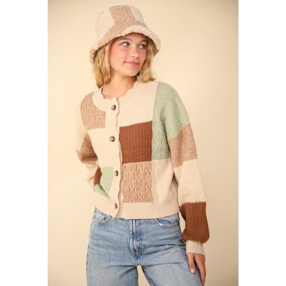 VERY J Color Block Button Down Textured Knit Cropped Sweater Cardigan | Oatmeal - Picture 6 of 10